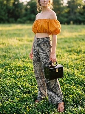 Forest Green & Grey Camo’ Woods Print Wide Leg  Statement Jeans MEDIUM